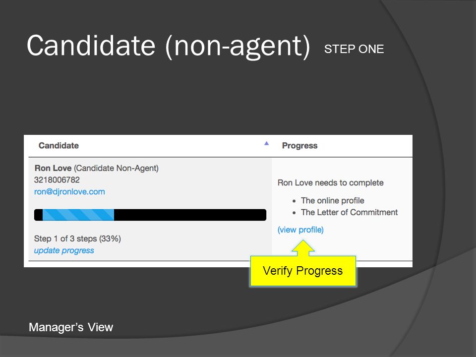 Candidate (non-agent) STEP ONE Manager’s View Verify Progress