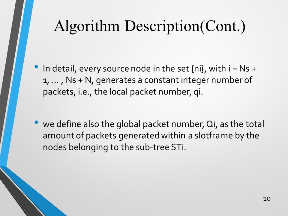 Algorithm Description(Cont.) 10 In detail, every source node in the set {ni}, with i = Ns + 1,..., Ns + N, generates a constant integer number of packets, i.e., the local packet number, qi.