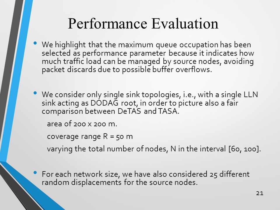Performance Evaluation We highlight that the maximum queue occupation has been selected as performance parameter because it indicates how much traffic load can be managed by source nodes, avoiding packet discards due to possible buffer overflows.