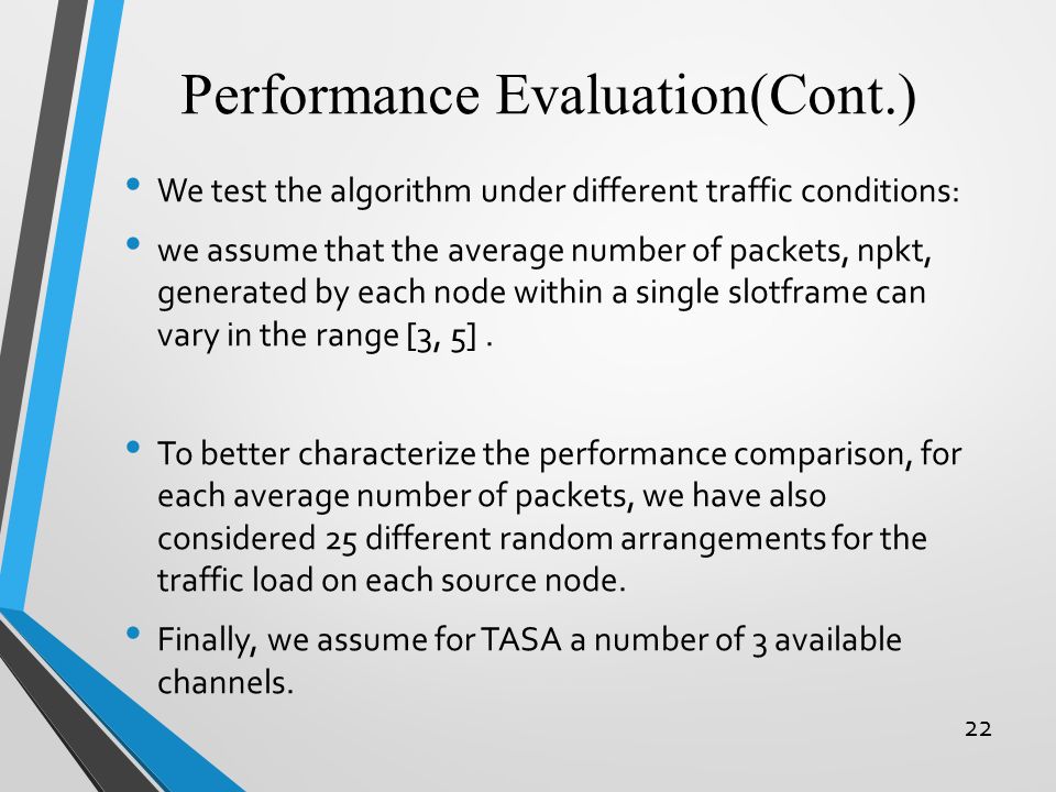 Performance Evaluation(Cont.) 22 We test the algorithm under different traffic conditions: we assume that the average number of packets, npkt, generated by each node within a single slotframe can vary in the range [3, 5].
