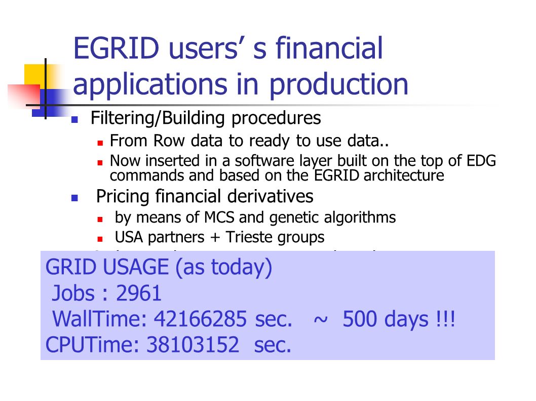 EGRID users’ s financial applications in production Filtering/Building procedures From Row data to ready to use data..