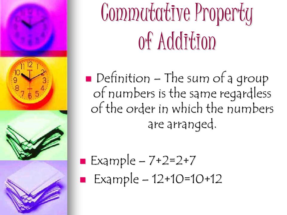 Properties of Algebra. Commutative Property of Addition Definition – The  sum of a group of numbers is the same regardless of the order in which the  numbers. - ppt download