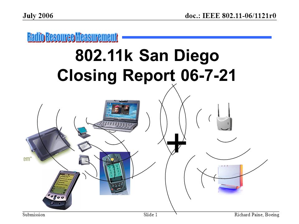 July 2006 Richard Paine, BoeingSlide 1 doc.: IEEE /1121r0 Submission k San Diego Closing Report