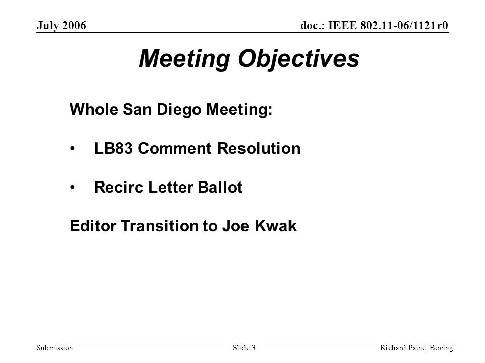 July 2006 Richard Paine, BoeingSlide 3 doc.: IEEE /1121r0 Submission Meeting Objectives Whole San Diego Meeting: LB83 Comment Resolution Recirc Letter Ballot Editor Transition to Joe Kwak