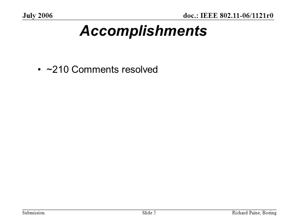 July 2006 Richard Paine, BoeingSlide 5 doc.: IEEE /1121r0 Submission Accomplishments ~210 Comments resolved