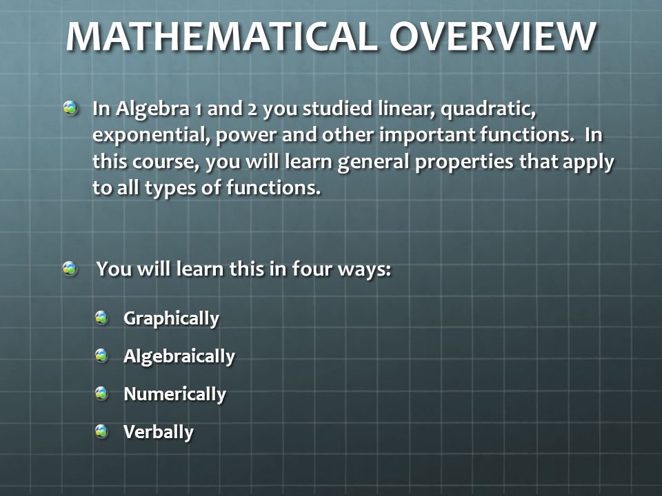 MATHEMATICAL OVERVIEW In Algebra 1 and 2 you studied linear, quadratic, exponential, power and other important functions.