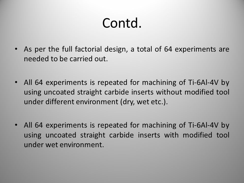 Contd. As per the full factorial design, a total of 64 experiments are needed to be carried out.