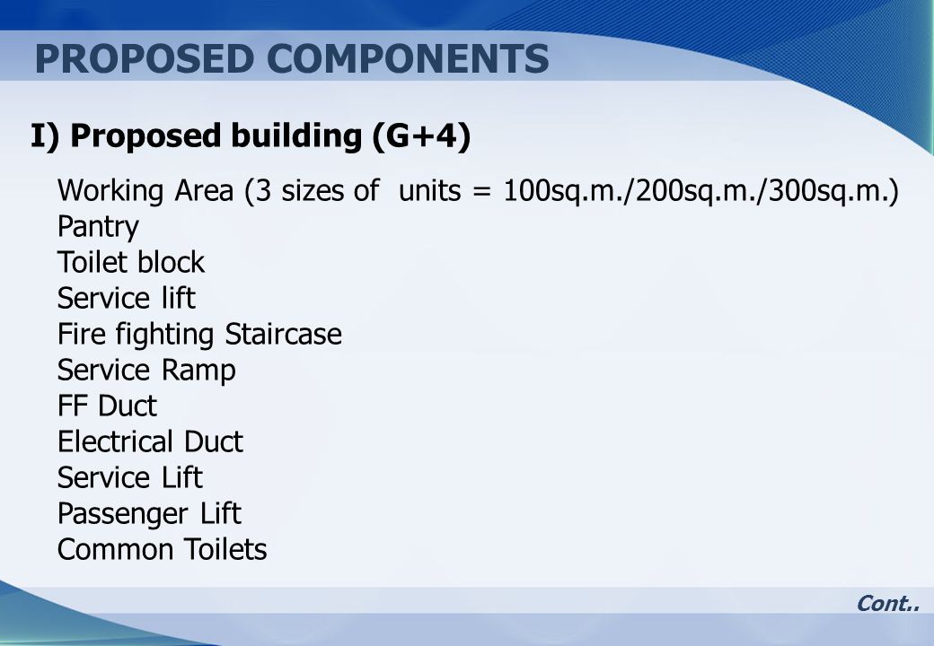 PROPOSED COMPONENTS I) Proposed building (G+4) Working Area (3 sizes of units = 100sq.m./200sq.m./300sq.m.) Pantry Toilet block Service lift Fire fighting Staircase Service Ramp FF Duct Electrical Duct Service Lift Passenger Lift Common Toilets Cont..