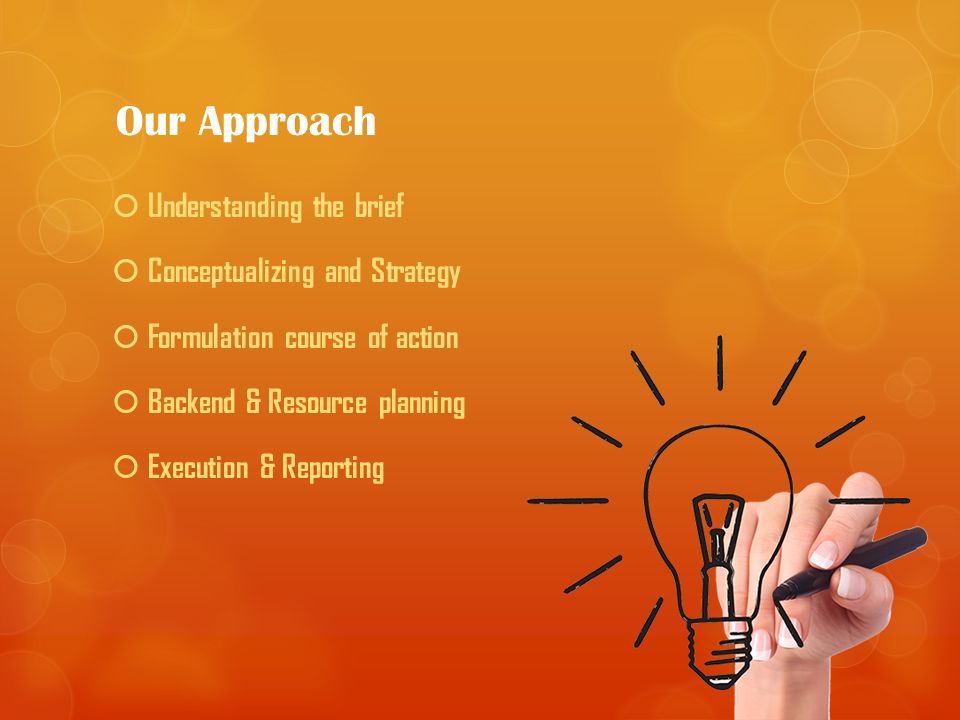Our Approach  Understanding the brief  Conceptualizing and Strategy  Formulation course of action  Backend & Resource planning  Execution & Reporting