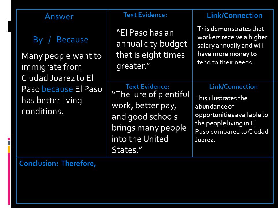 Answer By / Because Text Evidence: Link/Connection Text Evidence:Link/Connection Conclusion:Therefore, Many people want to immigrate from Ciudad Juarez to El Paso because El Paso has better living conditions.