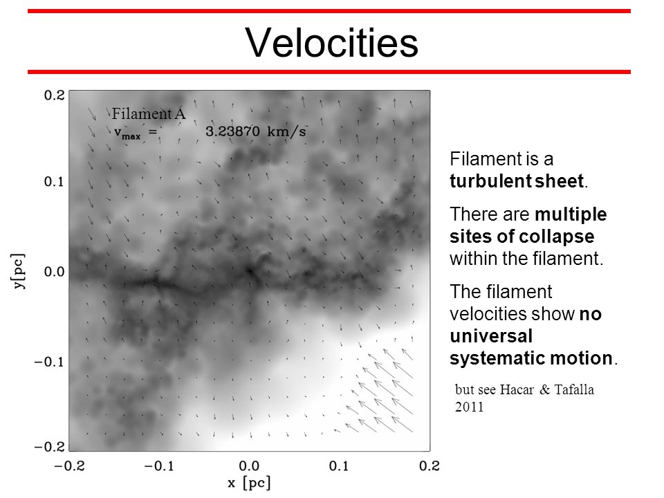 Velocities Filament is a turbulent sheet. There are multiple sites of collapse within the filament.