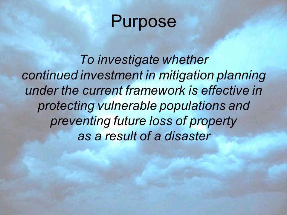 Purpose To investigate whether continued investment in mitigation planning under the current framework is effective in protecting vulnerable populations and preventing future loss of property as a result of a disaster