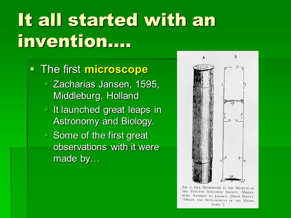 It all started with an invention….  The first microscope  Zacharias Jansen,  1595, Middleburg, Holland  It launched great leaps in Astronomy and  Biology. - ppt download