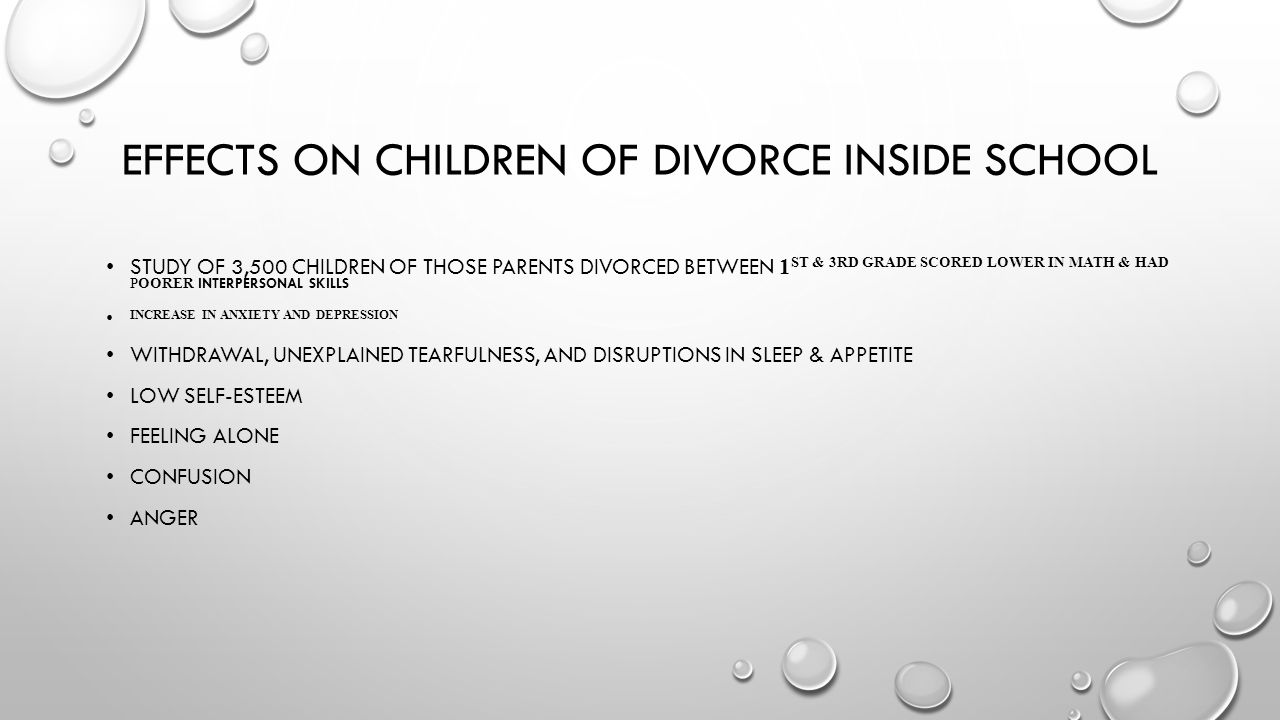 EFFECTS ON CHILDREN OF DIVORCE INSIDE SCHOOL STUDY OF 3,500 CHILDREN OF THOSE PARENTS DIVORCED BETWEEN 1 ST & 3RD GRADE SCORED LOWER IN MATH & HAD POORER INTERPERSONAL SKILLS INCREASE IN ANXIETY AND DEPRESSION WITHDRAWAL, UNEXPLAINED TEARFULNESS, AND DISRUPTIONS IN SLEEP & APPETITE LOW SELF-ESTEEM FEELING ALONE CONFUSION ANGER