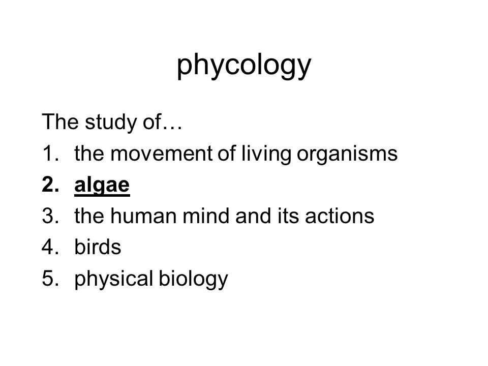 phycology The study of… 1.the movement of living organisms 2.algae 3.the human mind and its actions 4.birds 5.physical biology