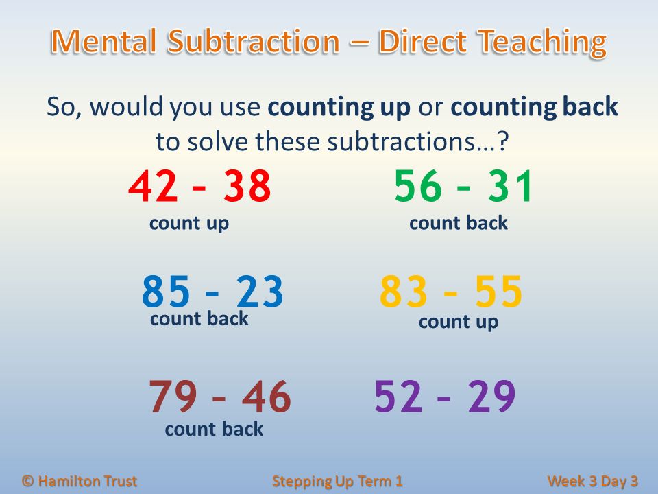 © Hamilton Trust Stepping Up Term 1 Week 3 Day 3 So, would you use counting up or counting back to solve these subtractions….