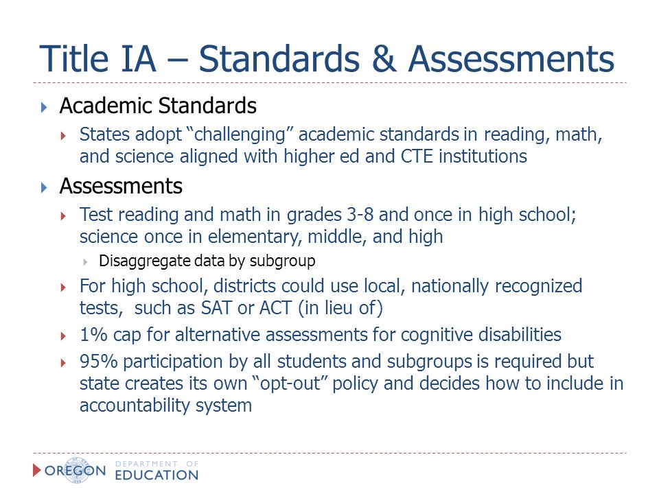 Title IA – Standards & Assessments  Academic Standards  States adopt challenging academic standards in reading, math, and science aligned with higher ed and CTE institutions  Assessments  Test reading and math in grades 3-8 and once in high school; science once in elementary, middle, and high  Disaggregate data by subgroup  For high school, districts could use local, nationally recognized tests, such as SAT or ACT (in lieu of)  1% cap for alternative assessments for cognitive disabilities  95% participation by all students and subgroups is required but state creates its own opt-out policy and decides how to include in accountability system