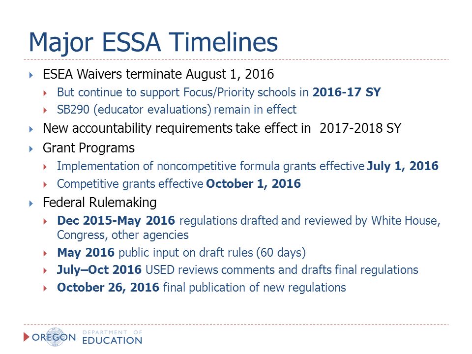 Major ESSA Timelines  ESEA Waivers terminate August 1, 2016  But continue to support Focus/Priority schools in SY  SB290 (educator evaluations) remain in effect  New accountability requirements take effect in SY  Grant Programs  Implementation of noncompetitive formula grants effective July 1, 2016  Competitive grants effective October 1, 2016  Federal Rulemaking  Dec 2015-May 2016 regulations drafted and reviewed by White House, Congress, other agencies  May 2016 public input on draft rules (60 days)  July–Oct 2016 USED reviews comments and drafts final regulations  October 26, 2016 final publication of new regulations