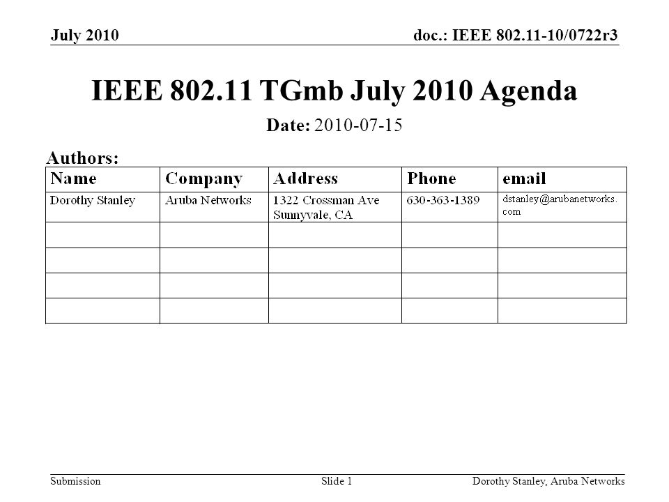 doc.: IEEE /0722r3 Submission July 2010 Dorothy Stanley, Aruba NetworksSlide 1 IEEE TGmb July 2010 Agenda Date: Authors: