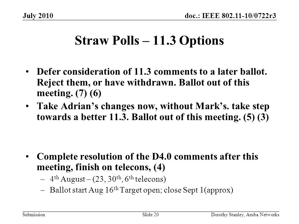 doc.: IEEE /0722r3 Submission July 2010 Dorothy Stanley, Aruba NetworksSlide 20 Straw Polls – 11.3 Options Defer consideration of 11.3 comments to a later ballot.