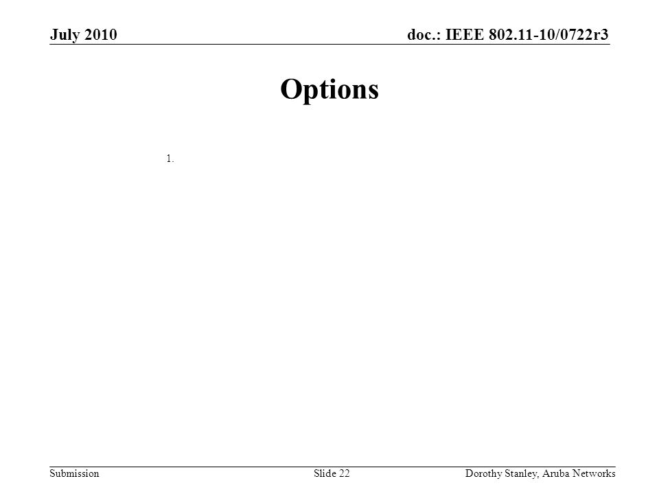 doc.: IEEE /0722r3 Submission July 2010 Dorothy Stanley, Aruba NetworksSlide 22 Options 1.