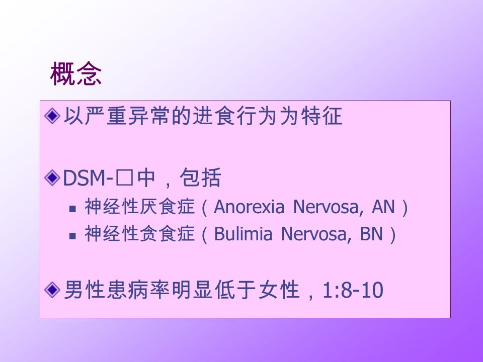 进食障碍 Eating Disorders 进食障碍概念诊断标准病因治疗概念以严重异常的进食行为为特征dsm 中 包括神经性厌食症 Anorexia Nervosa An 神经性贪食症 Bulimia Nervosa Bn 男性患病率明显低于女性 进食障碍 Eating Disorders 进食障碍概念诊断标准病因治疗概念以严重异常的进食行为为特征dsm 中 包括神经性厌食症 Anorexia Nervosa An 神经性贪食症 Bulimia Nervosa Bn 男性患病率明显低于女性