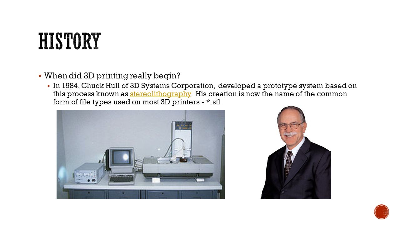 In YOUR Classroom.  When did 3D printing really begin?  In 1984, Chuck  Hull of 3D Systems Corporation, developed a prototype system based on this  process. - ppt download