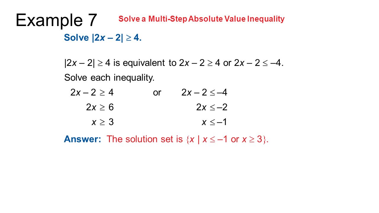 Example 7 Solve a Multi-Step Absolute Value Inequality Solve |2x – 2|  4.