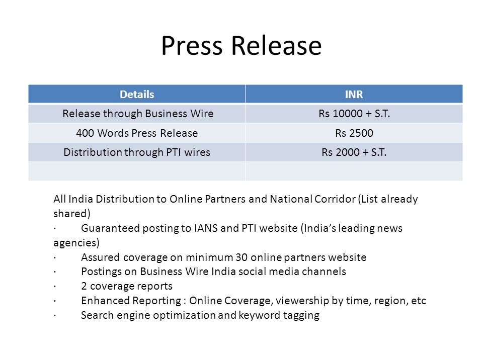 Press Release DetailsINR Release through Business WireRs S.T.
