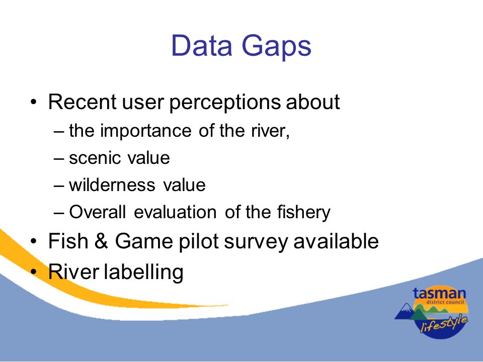 Data Gaps Recent user perceptions about –the importance of the river, –scenic value –wilderness value –Overall evaluation of the fishery Fish & Game pilot survey available River labelling