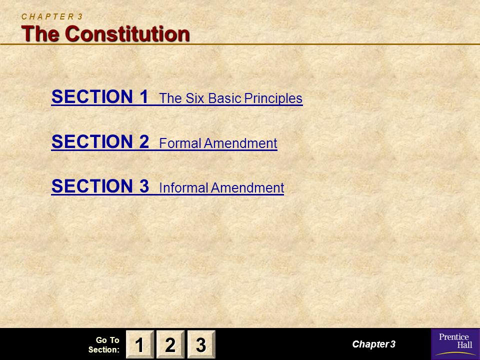123 Go To Section: The Constitution C H A P T E R 3 The Constitution SECTION 1 The Six Basic Principles SECTION 2 Formal Amendment SECTION 3 Informal Amendment Chapter