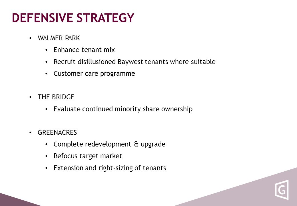 DEFENSIVE STRATEGY WALMER PARK Enhance tenant mix Recruit disillusioned Baywest tenants where suitable Customer care programme THE BRIDGE Evaluate continued minority share ownership GREENACRES Complete redevelopment & upgrade Refocus target market Extension and right-sizing of tenants
