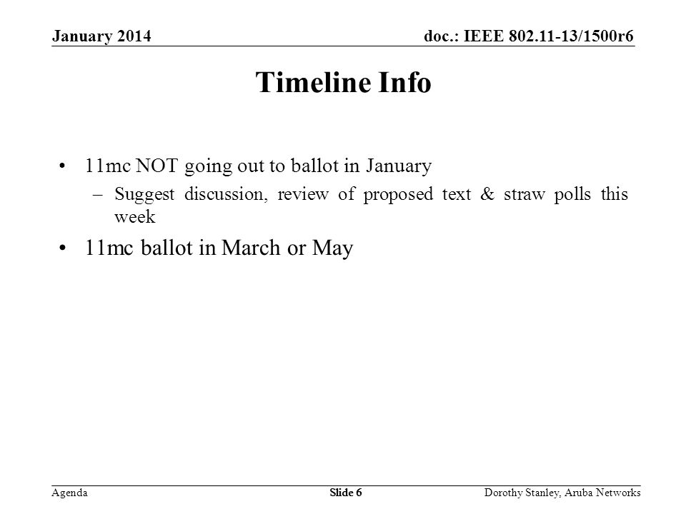 doc.: IEEE /1500r6 Agenda January 2014 Dorothy Stanley, Aruba NetworksSlide 6 Timeline Info 11mc NOT going out to ballot in January –Suggest discussion, review of proposed text & straw polls this week 11mc ballot in March or May