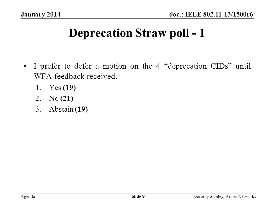 doc.: IEEE /1500r6 Agenda January 2014 Dorothy Stanley, Aruba NetworksSlide 9 Deprecation Straw poll - 1 I prefer to defer a motion on the 4 deprecation CIDs until WFA feedback received.