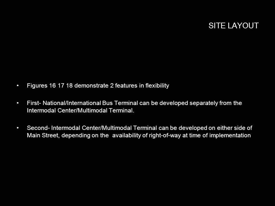 SITE LAYOUT Figures demonstrate 2 features in flexibility First- National/International Bus Terminal can be developed separately from the Intermodal Center/Multimodal Terminal.