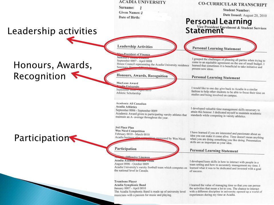 Leadership activities Honours, Awards, Recognition Participation Personal Learning Statement