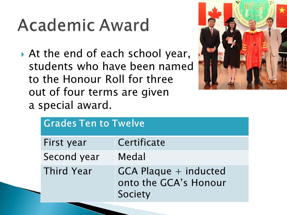  At the end of each school year, students who have been named to the Honour Roll for three out of four terms are given a special award.