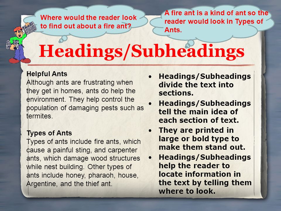 Headings/Subheadings Headings/Subheadings divide the text into sections.