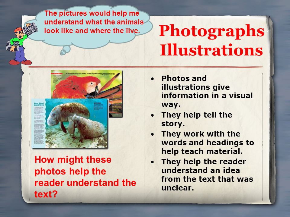 Photographs Illustrations Photos and illustrations give information in a visual way.