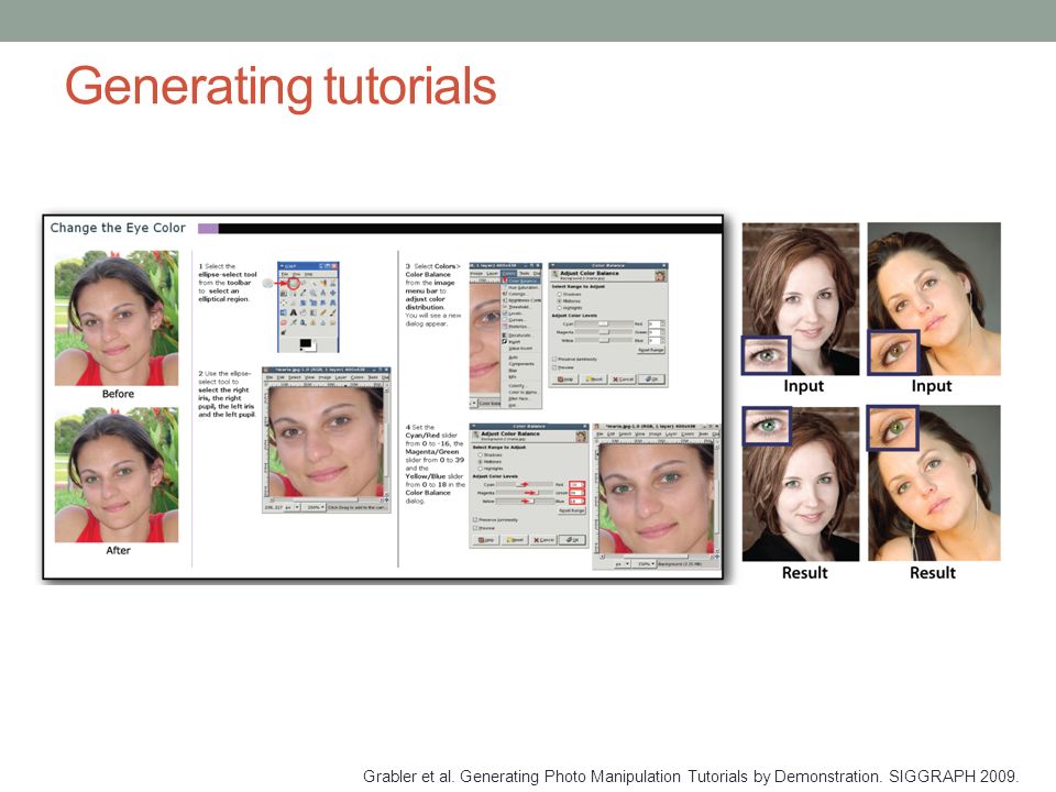 Generating tutorials Grabler et al. Generating Photo Manipulation Tutorials by Demonstration.