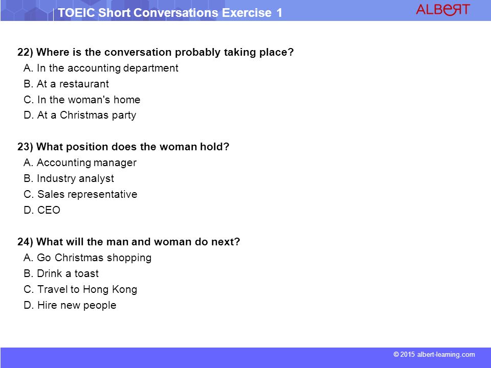2015 albert-learning.com TOEIC Short Conversations Exercise 1 SHORT  CONVERSATIONS Exercise ppt download