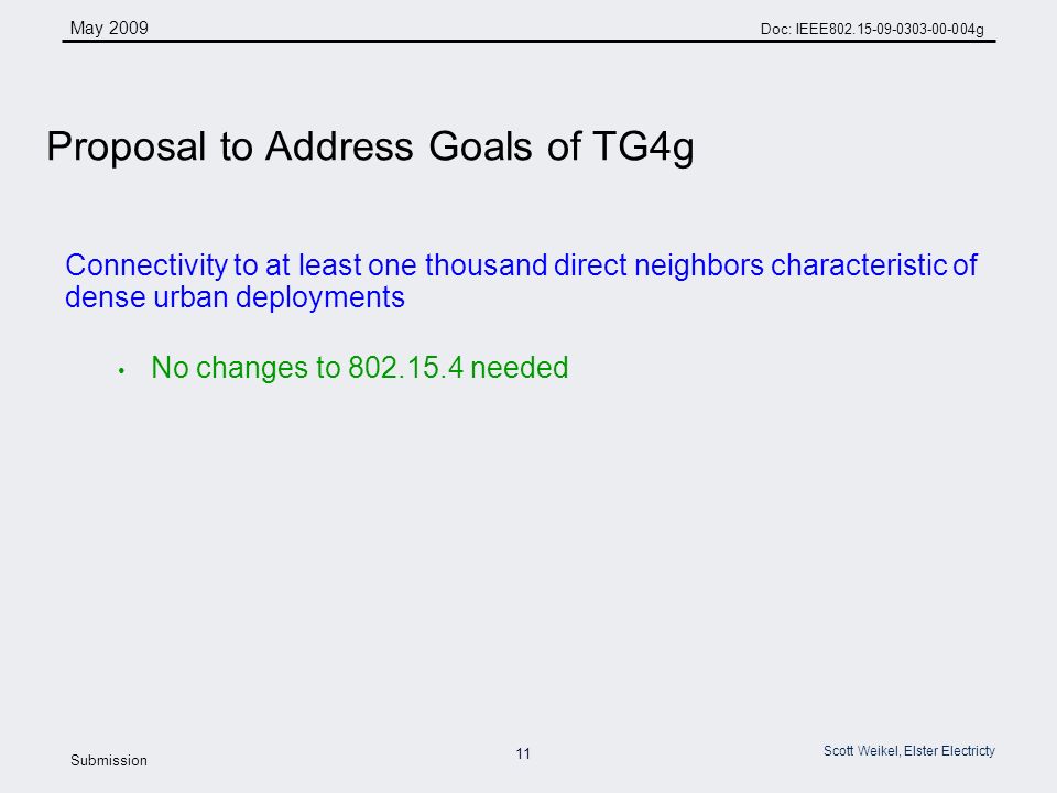11 May 2009 Doc: IEEE g Submission Scott Weikel, Elster Electricty Connectivity to at least one thousand direct neighbors characteristic of dense urban deployments No changes to needed Proposal to Address Goals of TG4g