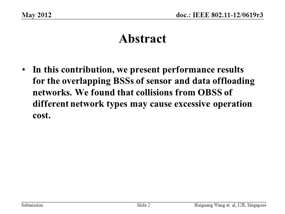 doc.: IEEE /0619r3 Submission Abstract In this contribution, we present performance results for the overlapping BSSs of sensor and data offloading networks.