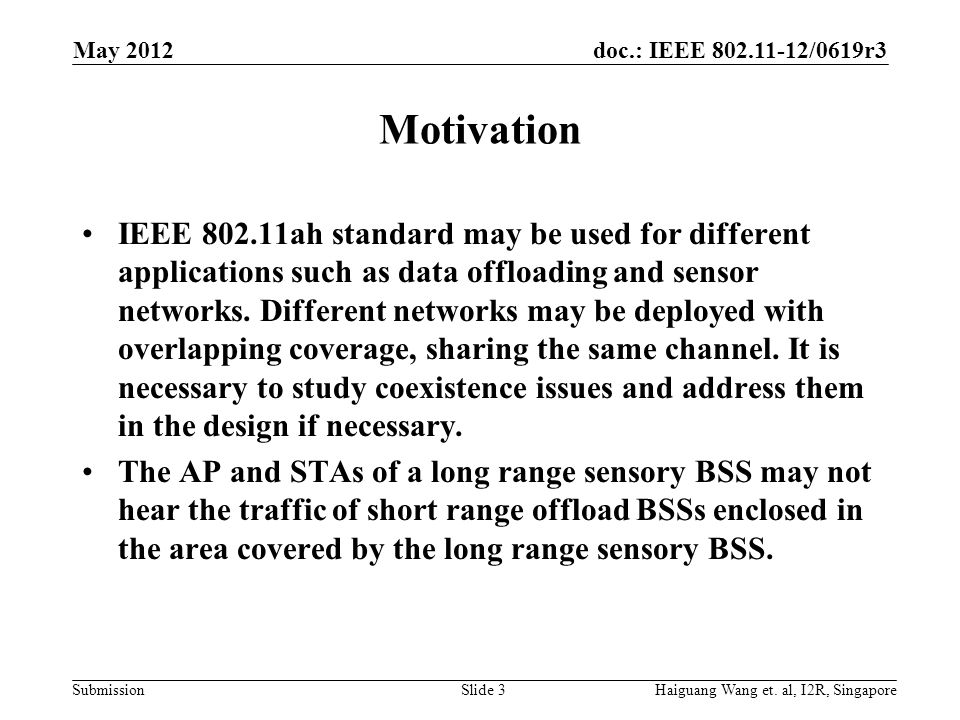 doc.: IEEE /0619r3 Submission Motivation IEEE ah standard may be used for different applications such as data offloading and sensor networks.