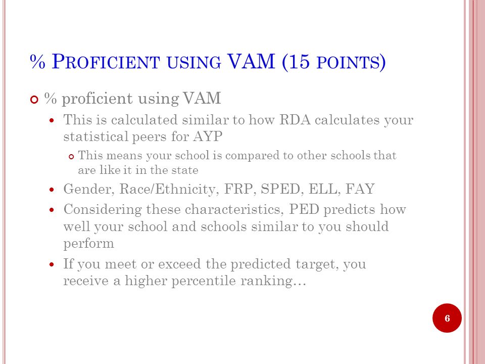 % P ROFICIENT USING VAM (15 POINTS ) % proficient using VAM This is calculated similar to how RDA calculates your statistical peers for AYP This means your school is compared to other schools that are like it in the state Gender, Race/Ethnicity, FRP, SPED, ELL, FAY Considering these characteristics, PED predicts how well your school and schools similar to you should perform If you meet or exceed the predicted target, you receive a higher percentile ranking… 6