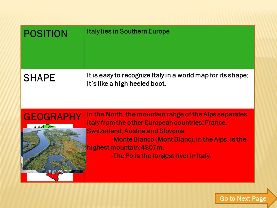 POSITION Italy lies in Southern Europe SHAPE It is easy to recognize Italy in a world map for its shape; its like a high-heeled boot.