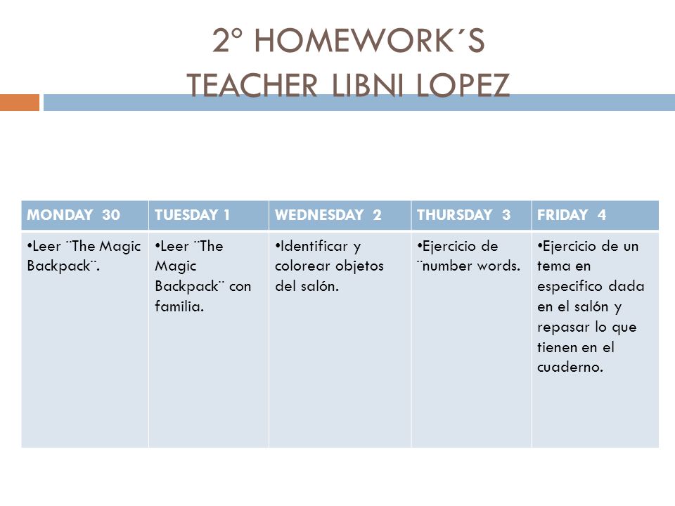 2º HOMEWORK´S TEACHER LIBNI LOPEZ MONDAY 30TUESDAY 1WEDNESDAY 2THURSDAY 3FRIDAY 4 Leer ¨The Magic Backpack¨.
