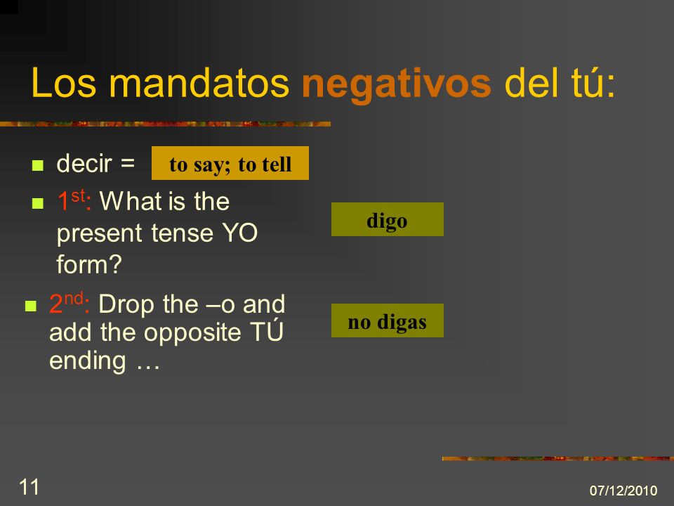 07/12/ decir = 1 st : What is the present tense YO form.