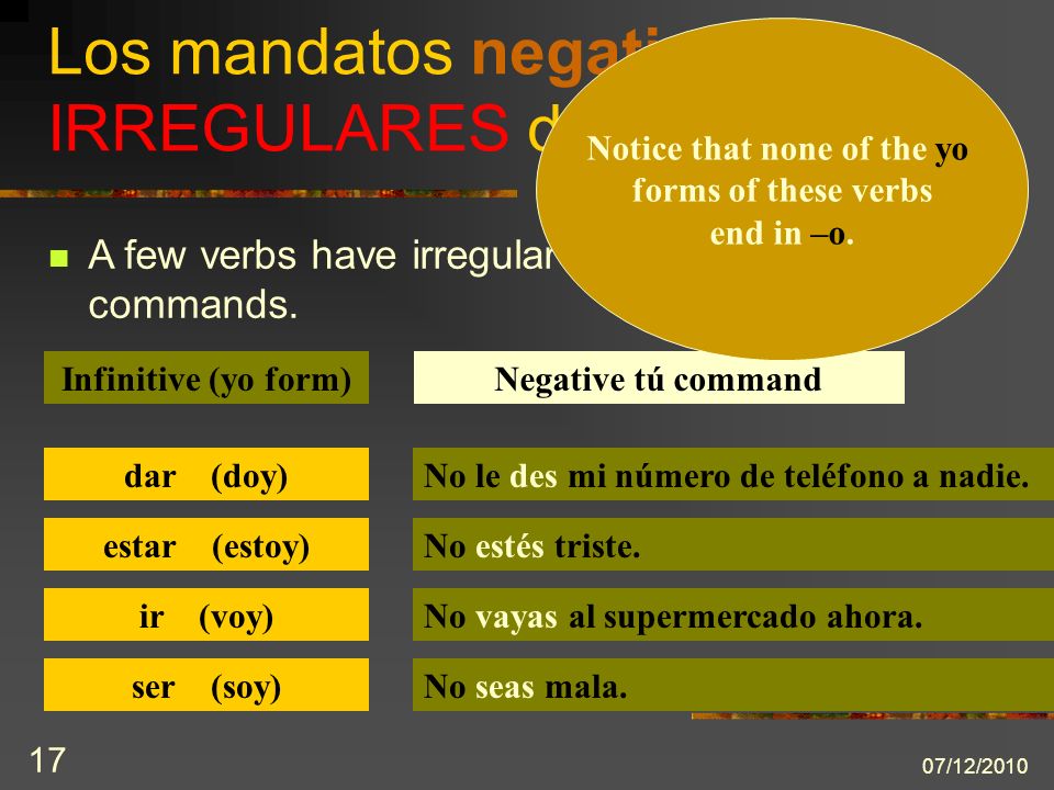 07/12/ A few verbs have irregular negative tú commands.