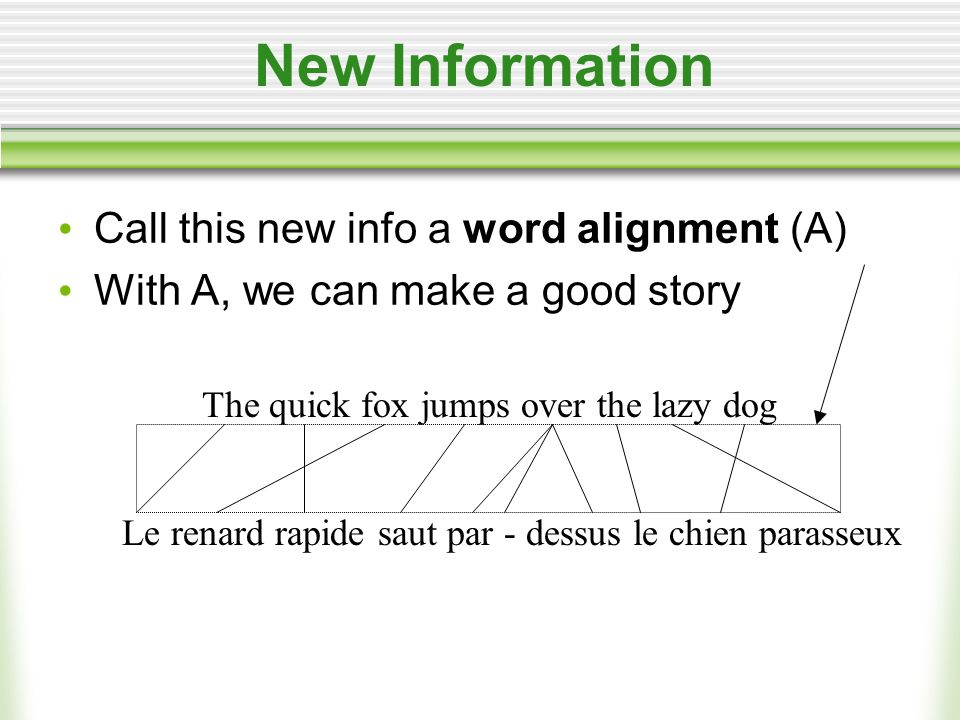 New Information Call this new info a word alignment (A) With A, we can make a good story The quick fox jumps over the lazy dog Le renard rapide saut par - dessus le chien parasseux